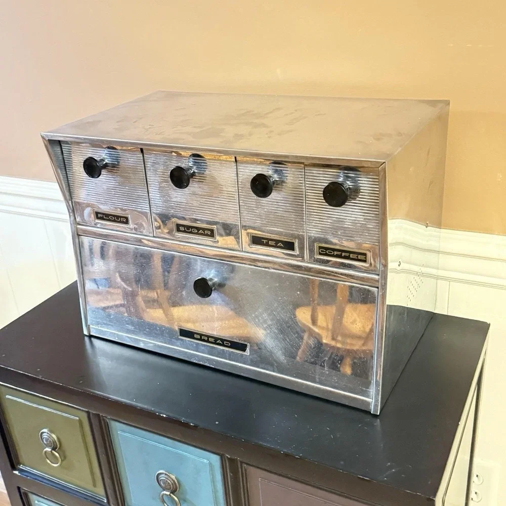 Art Deco Era Krestline Speco Chrome Bread Box Canister MCM Wall Kitchen Storage